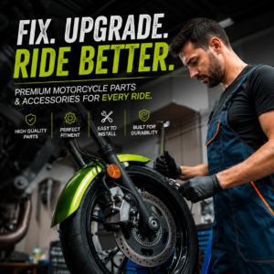 Motorcycle mechanic repairing premium bike parts and accessories in professional workshop