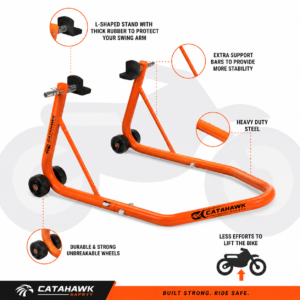 Universal motorcycle paddock stand orange by Catahawk Safety heavy duty rear maintenance stand