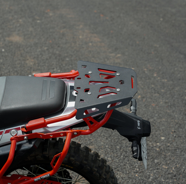Alt Text: Hero XPulse 210 red rear luggage carrier by Catahawk Safety heavy duty touring back rack