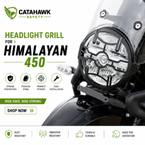 Catahawk Safety headlight grill for Royal Enfield Himalayan 450 motorcycle with heavy-duty steel protection and adventure touring design.