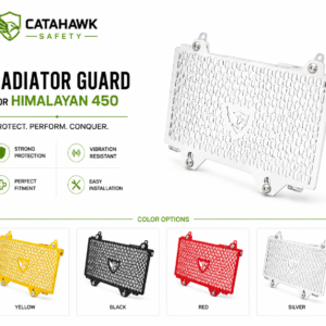 Catahawk Safety radiator guard for Royal Enfield Himalayan 450 motorcycle available in yellow, black, red and silver colors.